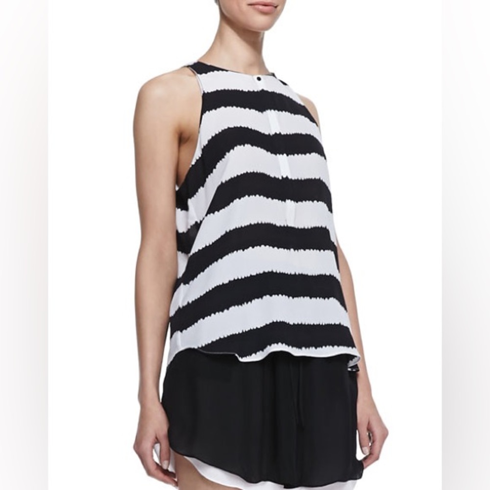 A.L.C Lennox Printed Striped Silk Button Tank Sleeveless Blouse Top Black white